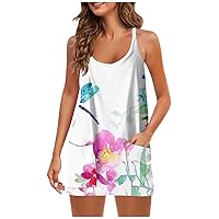 Women's Summer Sleeveless Spaghetti Straps Scoop Neck Mini Dress Floral Boho Beach Slip Dresses Racerback Cami Dress