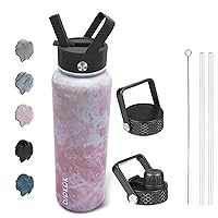 BJPKPK Insulated Water Bottles with Straw Lid, 40oz Stainless Steel Water Bottles with 3 Lids, Large Metal Water Bottle, BPA Free Leakproof Thermos Water Bottle for Sports & Gym- Blossom