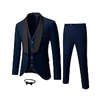 YND Men's 3 Piece Slim Fit Tuxedo Suit Set, One Button Shawl Lapel Solid Blazer, Jacket Vest Pants with Bow Tie