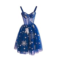 Women's Stars Moon Print Embroidered Tulle Mini Prom Dresses Sweetheart Illusion A-Line Short Party Gowns