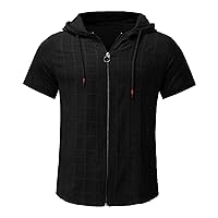 Mens Workout Casual Hooded T-Shirts Fashion Short Sleeve Plaid Hoodies Outdoor Summer Zip Up Gym Athletic Muscle Tees