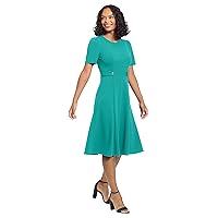 London Times Women's Short Sleeve Crepe Fit and Flare Midi with Waist Button Detail