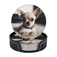 Cute Chihuahua Printed Drink Coasters with Holder Leather Coasters Set of 6 Tabletop Protection Decorate Cup Mat for Coffee Table Bar Kitchen Dining Room