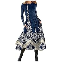 Maxi Dress for Women, Irregular Long Sleeve Plus Size Dresses Crew Neck Casual Flowy Outfits Pattern Printing Dress