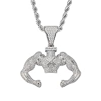 LC8 Jewelry Men CZ Cluster Lab Diamond Fitness Strong Muscle Man Pendant Hip Hop Iced Out Crystal Necklace 18K Gold Plated with 24” Stainless Rope Chain