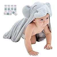 HIPHOP PANDA Baby Washcloths, 6 Pack and Baby Hooded Towel, Grey Elephant, 30 x 30 Inch