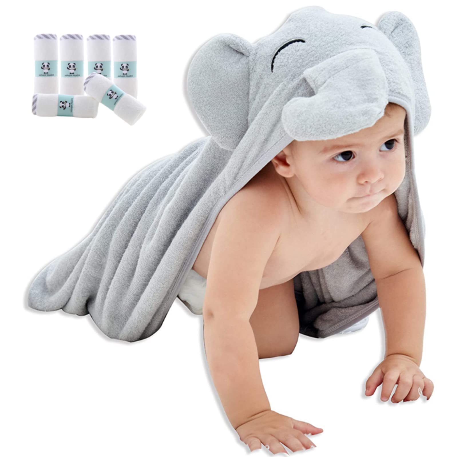 HIPHOP PANDA Bamboo Baby Washcloths, 6 Pack and Baby Hooded Towel, Grey Elephant, 30 x 30 Inch
