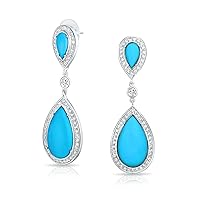 Blue Pear Shaped CZ Halo Simulated Turquoise Statement Dangle Chandelier Teardrop Earrings For Women Silver Plated