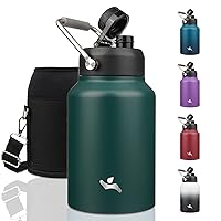 Half Gallon Jug with Handle,64oz Insulated Water Bottle with Carrying Pouch,Double Wall Vacuum Stainless Steel Metal Bottle,Dark Green