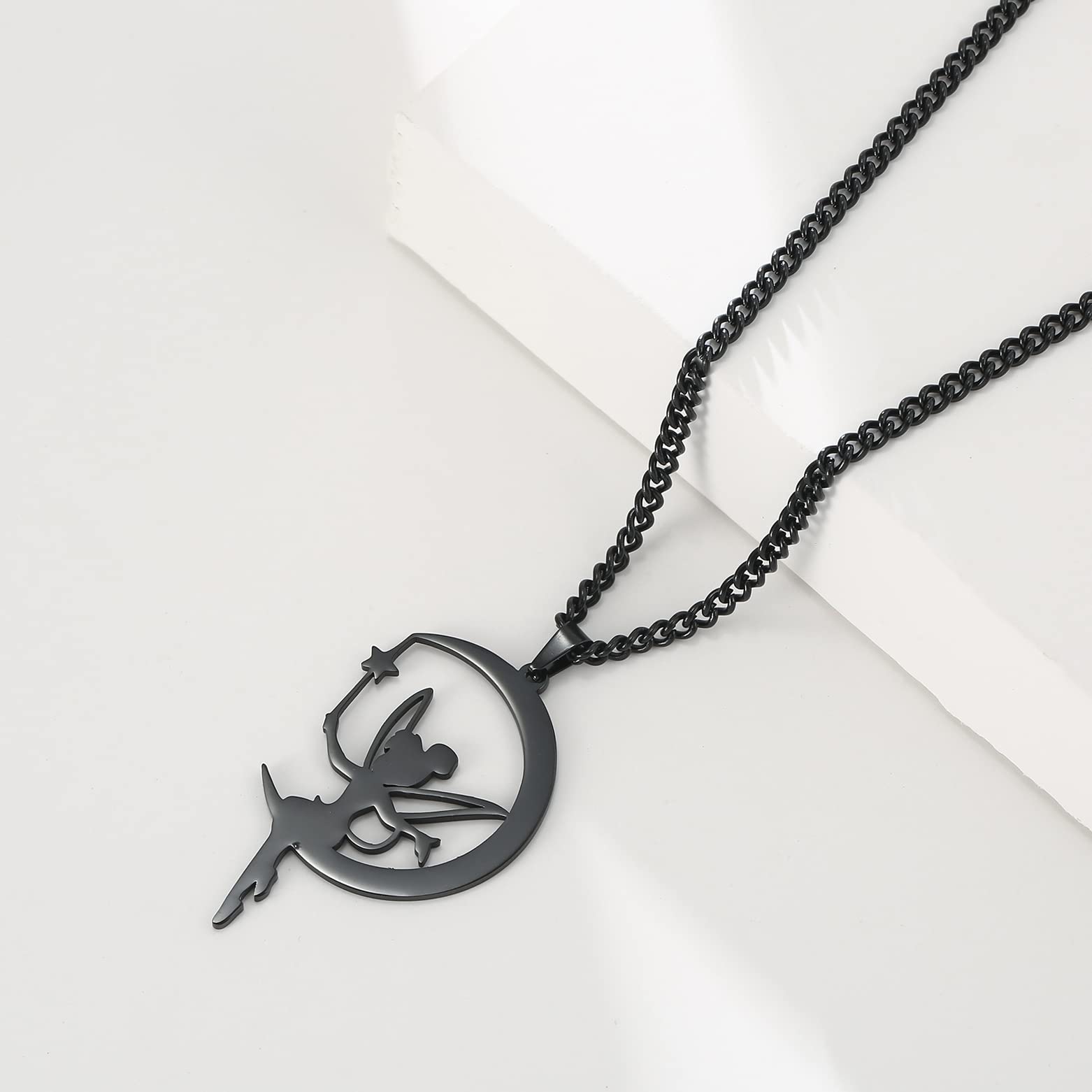 EUEAVAN Moon Wendy Princess Tinker Bell Pendant Necklace Dainty Fairy Pixie Angel Holding Magic Wand Choker Magic Trendy Dancer Ballet Jewelry Fairy Tale Story Quote Girl Woman Teens