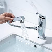 KAIYING Pull Down Bathroom Sink Faucet, Modern Lavatory Vessel Sink Faucet, Utility Single Hole Bathroom Sink Faucet with Pull Out Sprayer, Commercial Basin Mixer Tap (Regular, Chrome)