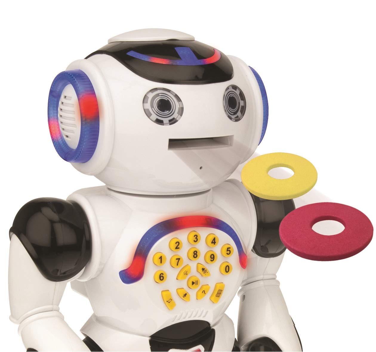 LEXiBOOK, Powerman Remote Control Walking Talking Toy Robot, Educational Robot, Dances, Sings, Reads Stories, Math Quiz, Shooting Discs, & Voice Mimicking, Black, White, ROB50EN