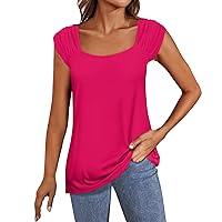 Summer Tops for Women 2024, Hawaiian Cap Sleeve Square Neck Cute Tank Tops Plus Size Ruched Solid Casual Tshirts