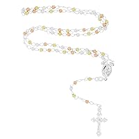 DECADENCE Solid 925 Sterling Silver Tricolor 3mm-5mm Italian Virgin Mary Rosary Bead Cross Necklace | Made In Italy | 925 Sterling Silver Rosary Y Necklace Chain for Women And Men