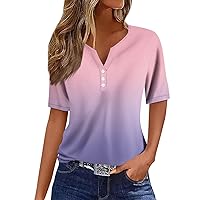 Button Down Shirts for Women Fashion Casual Vintage Gradient V-Neck Short Sleeve Decorative T-Shirt Top