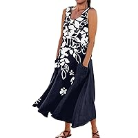 Cotton Linen Dress Women Plus Size Summer Trendy Vintage Print Flowy Sundress Casual Oversized V Neck Maxi Dresses