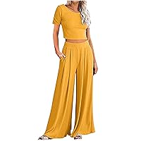 Lounge Wear Sets For Women Uk 2 Pieces Slim Base Short Sleeve Tshirt Wid Leg Pants Lounge Set Women'S Tracksuits Solid Summer Homewear Slim Co Ord Sets Outfit Loungewear Sets Ladies Lounge Wear Sets