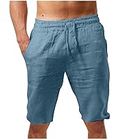 Mens Cotton Linen Shorts Casual Elastic Waist Drawstring Lightweight Summer Beach Cargo Shorts Relaxed Straight Short Pants