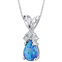 PEORA 14K White Gold Created Blue Opal with Genuine Diamonds Pendant, Dainty Teardrop Solitaire, Pear Shape, 7x5mm
