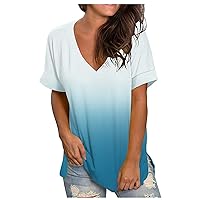 Women's 2024 Stylish T-Shirts Gradient Short Sleeve Tee Top Fashion Deep V Neck Loose Blouse Trendy Casual Summer Clothes