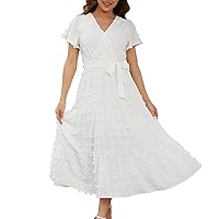 Boho Maxi Dresses for Women 2024 Polka Dot Dress Wrap V Neck Short Sleeve Tie A-Line Layered Flowy Long, S XL