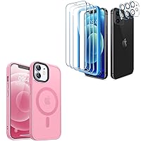 CANSHN Magnetic Designed for iPhone 12 Case Pink & 3 Pack Screen Protector for iPhone 12 [6.1 inch] + 3 Pack Tempered Glass Camera Lens Protector with Easy Installation Frame - 6.1 Inch