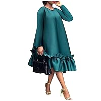 Vintage Plus Size Midi Dress for Women,Formal Long Sleeve Casual Elegant Smocked Flowy Satin Ruffle Dress for Party