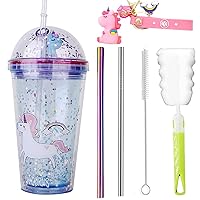 Unicorn Drinking Cup with Straw Kids Travel Tumbler Glitter Watter Bottle Ice Coffee Mugs Plastic Cup for Party Gift (blue unicorn, 6.5 * 20 cm)