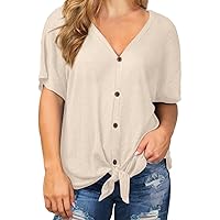OLRIK Womens Plus Size Tops Short Sleeve V Neck Waffle Knit Tunic Blouse Tie Front Button Up T Shirts
