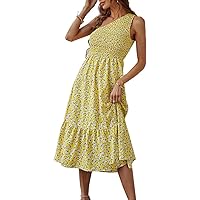 Women Summer Beach Sleeveless Floral Print Dress One Shoulder Midi Sun Dresses