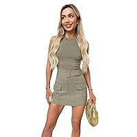 STAR FASHION Round Neck Belted Skort Playsuit for Women's Stylish Mini Skirt and Shorts Front Cargo Pockets Zip Up Back Top UK Small-XXL