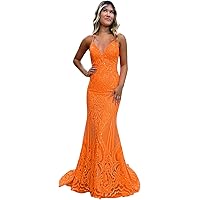 Women's Mermaid Prom Dresses with Train Spaghetti Straps Evening Dress Sparkly Long Ball Gown