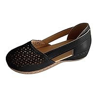 Flats Heel Sandals For Women Leather Elastic Strap Carved Wedges Casual Sandal Lightweight Breathable Roman Shoes Black, 7.5