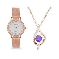 Gifts For Mom Engraved I Love You Mom Watch Necklace With Cubic Zirconia Stone (Purple)