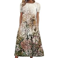 Women's Boho Floral Printed Maxi Dress Casual Short Sleeve Loose Flowy Summer Dresses with Pockets