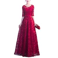 Red Long Wedding Dress Round Neck Lace Long Evening Dress with 1/2 Sleeve