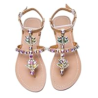 Women`S Summer Beach Sandals Lady Flat Rhinestones Shoes T-Strap Thong Flip Flop Crystal Slipper Gold 6.5
