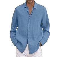 Casual Solid Cotton Mens Shirt Comfortable Long Sleeve Lightweight Tees Button Up Lapel Loose Fit Breathable