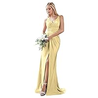 Mermaid Satin Bridesmaid Dresses for Wedding Pleated V Neck Corset Long Prom Formal Gown with Slit