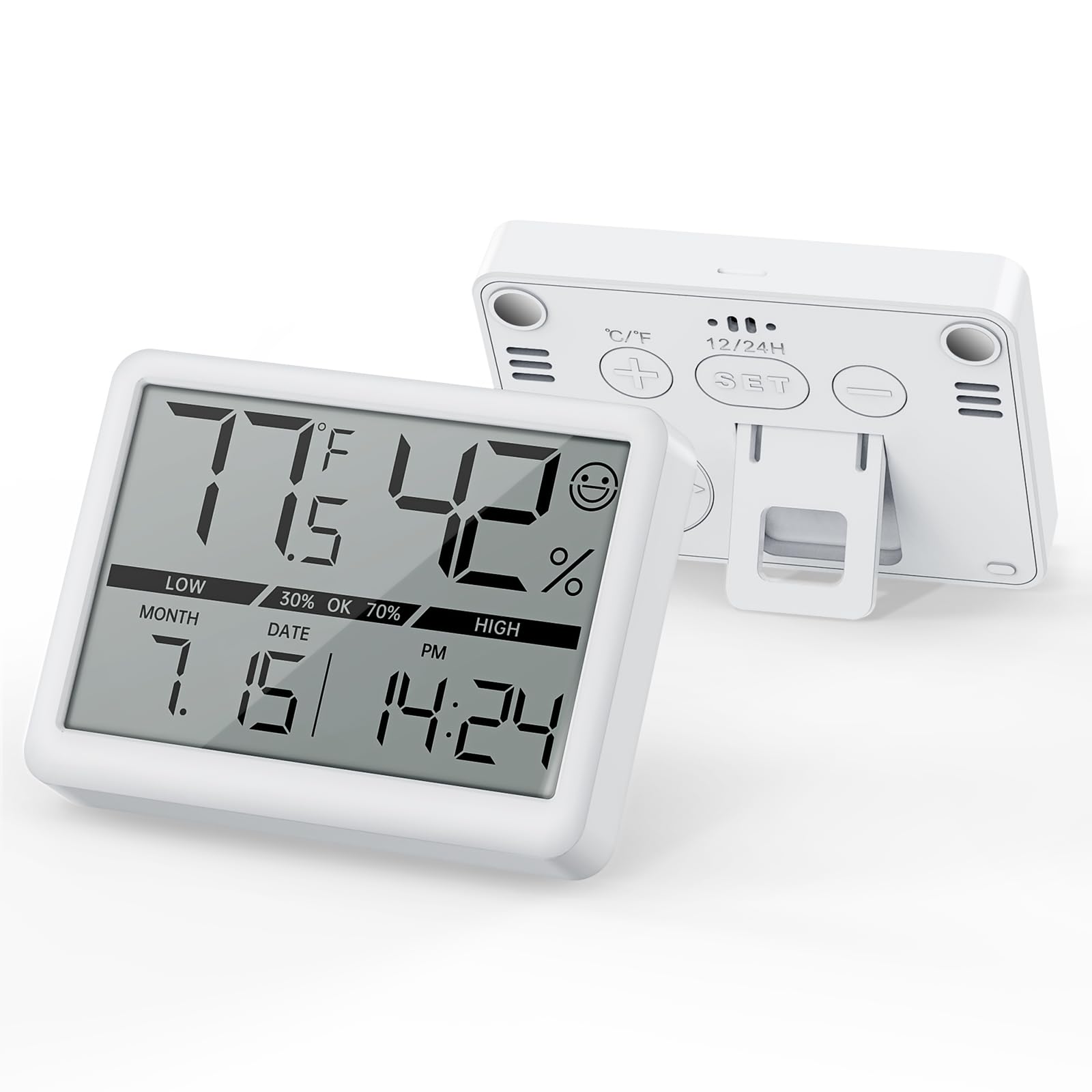 New Upgrade Deeyaple Small Digital Clock Battery Powered Atomic Clock Humidity Meter Magnetic Thermometer High Accuracy Temp(℉/℃) Date 12/24H Display LCD Large Number Indoor Outdoor Travel White