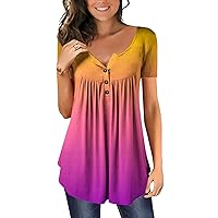 T Shirts for Women Casual Henley Neck Short Sleeve Trendy Regular Fit Gradient Womens Plus Size Tops