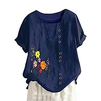 Women's Embroidered Blouse Cotton Linen Short Sleeve Square Neck Peasant Boho Top Casual Loose Button-Down T Shirts