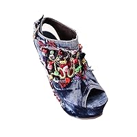 Women and Ladies Beading Embroidery Wedge Denim Sandal Platform Summer Shoe