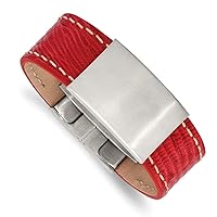 Stainless Steel Engravable Brushed Red Leather ID Bracelet 8 Inch Jewelry Gifts for Women