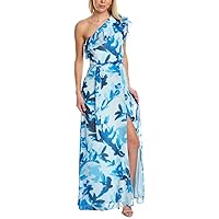 Adrianna Papell Printed Chiffon Metallic Clip Dot One Shoulder Gown Blue Multi 6