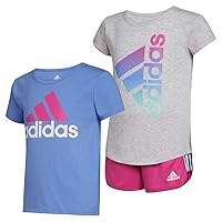 adidas Little Girl's 3 Piece Outfit Set, 2 Tees, 1 Short (Grey/Blue, 5)