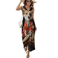 Corgi Dog Japanese Food Women's Sleeveless Dress V Neck Flowy Hem Sundresses Summer Beach Maxi Dress