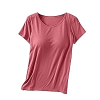 Built-in Bra T-Shirt for Womens Padded Active Tops Summer Short Sleeves Blouses Soft Pajama Casual Shirts for Workout Yoga