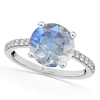 (2.71ct) Platinum Round Moonstone and Diamond Accented Engagement Ring