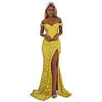 Basgute Sparkly Sequin Mermaid Prom Dresses for Women 2024 Long Bodycon Off Shoulder Formal Evening Party Gown with Slit